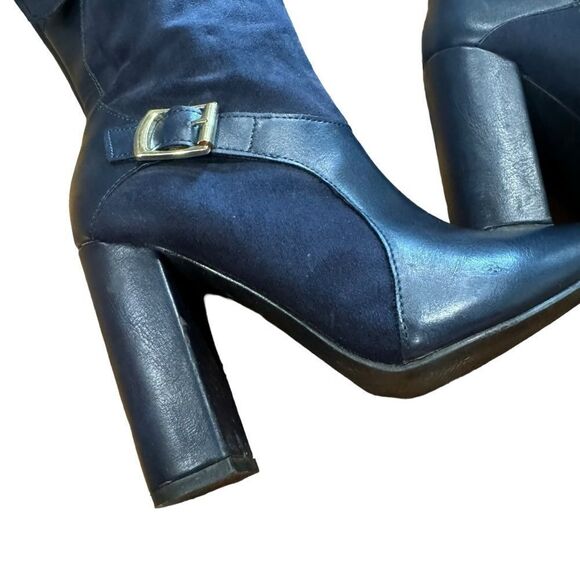 JUSTFAB Yelda Navy Blue Gold Buckle Knee High Heeled Pointed Toe Boots - Picture 5 of 9
